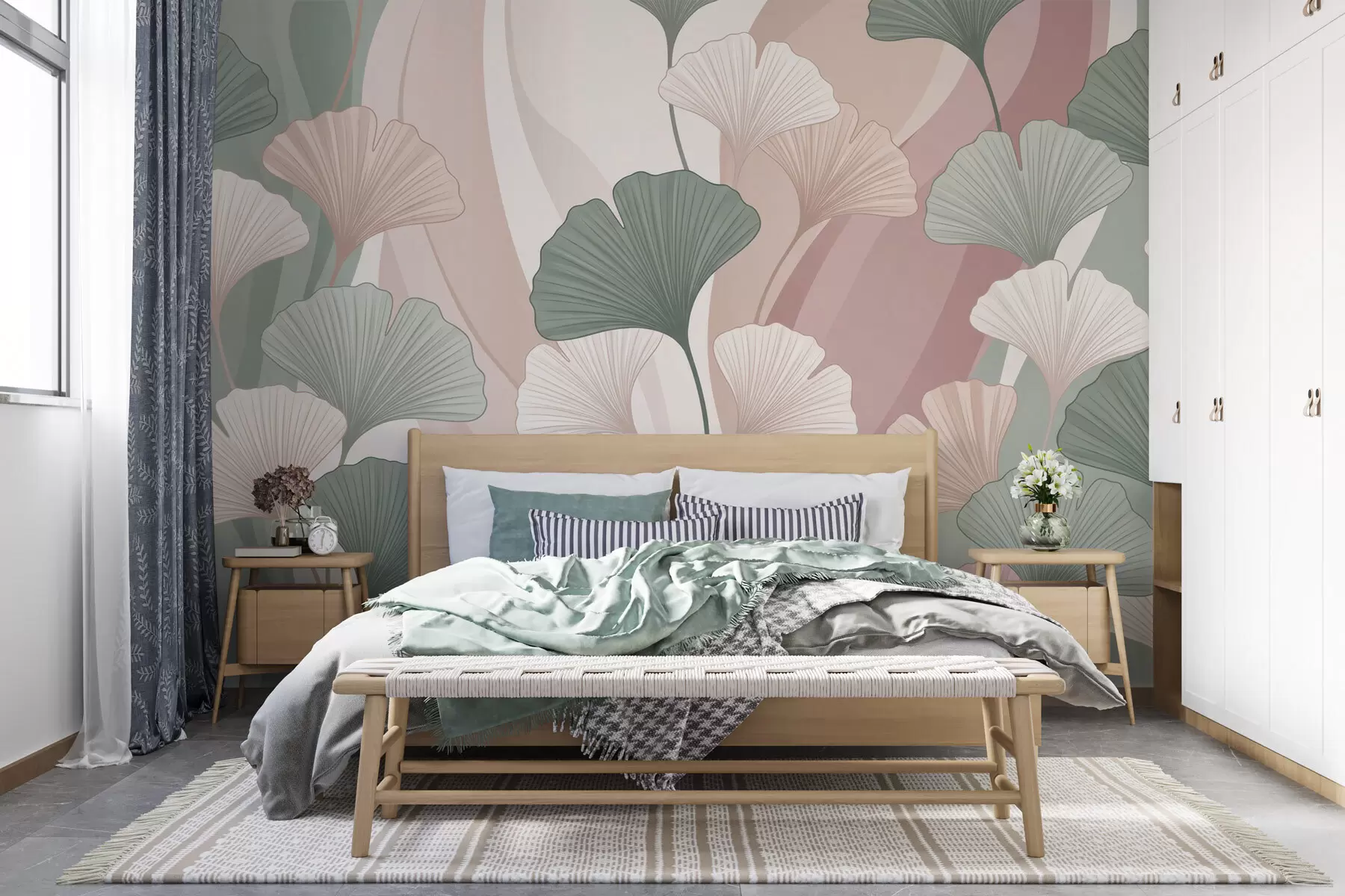 wall murals Пастелни листови гинка на апстрактној позадини у нијансама зелене, кремасте, беж и прашњаво ружичасте w10040