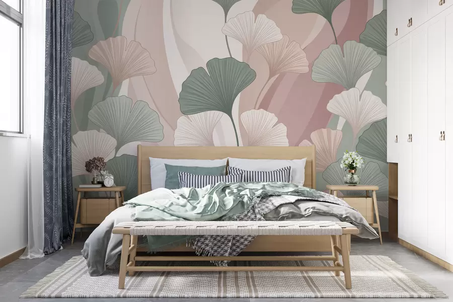 wall murals Пастелни листови гинка на апстрактној позадини у нијансама зелене, кремасте, беж и прашњаво ружичасте w10040