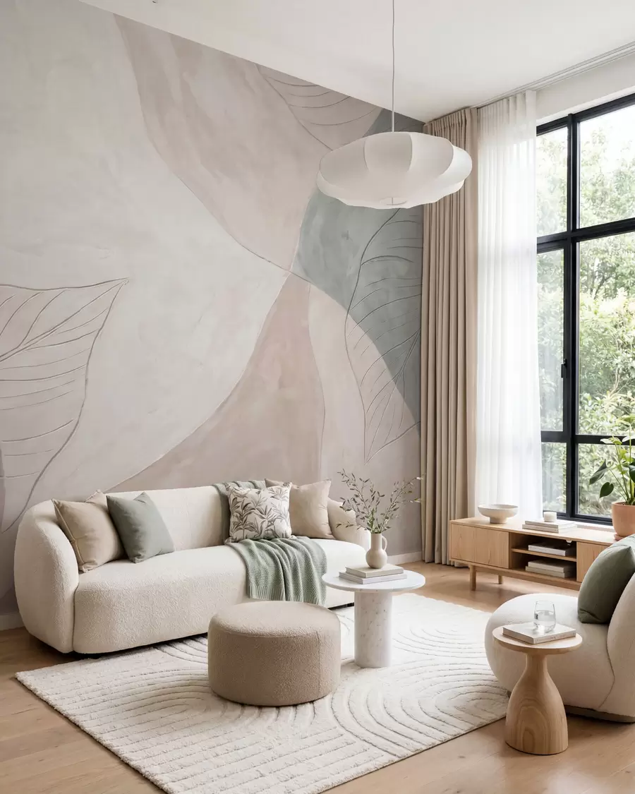 wall murals Апстрактна ботаничка композиција са великим листовима и органским облицима у нијансама беж, крем и зелене w10070