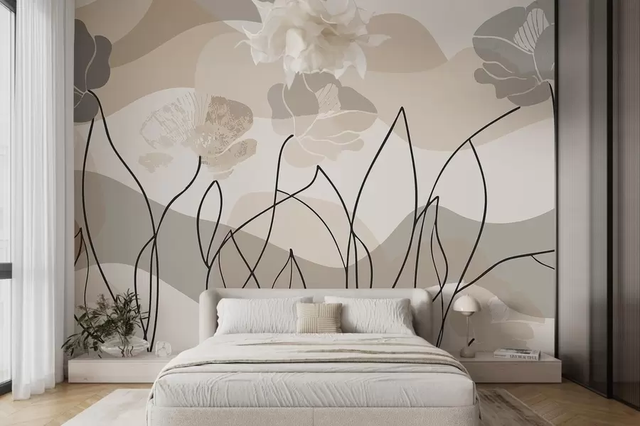 wall murals Беж апстракција са контурним цвећем w09989