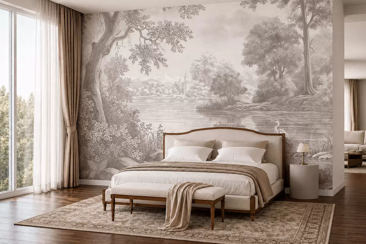 wall murals Монохромни шумски пејзаж са језером и чапљом w05805