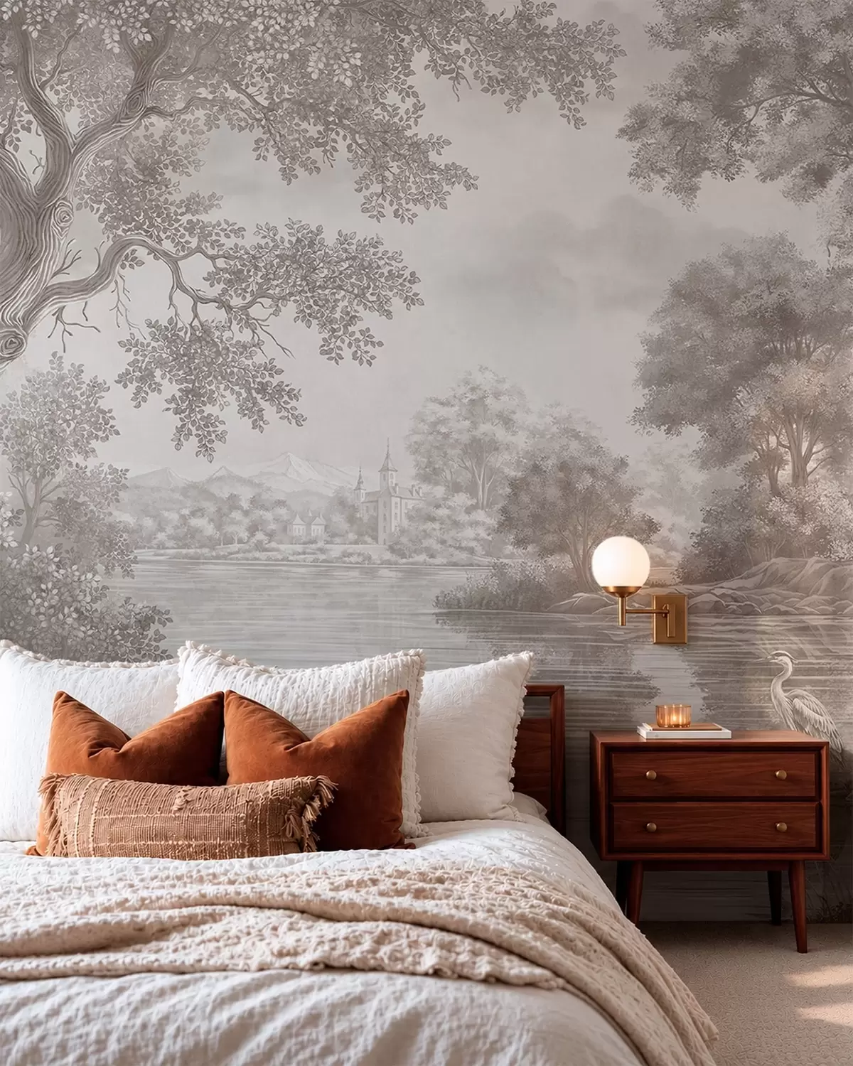 wall murals Монохромни шумски пејзаж са језером и чапљом w05805