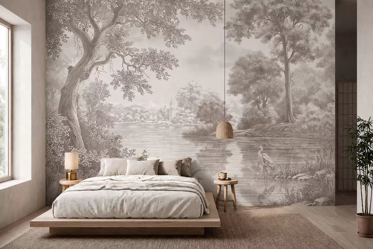 wall murals Монохромни шумски пејзаж са језером и чапљом w05805