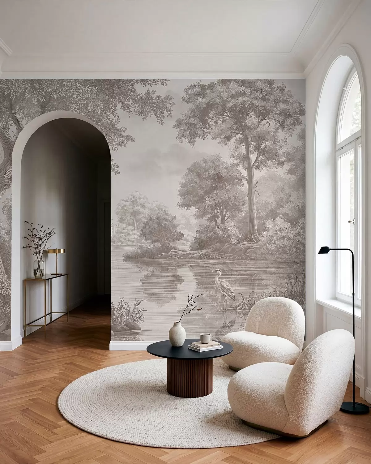 wall murals Монохромни шумски пејзаж са језером и чапљом w05805