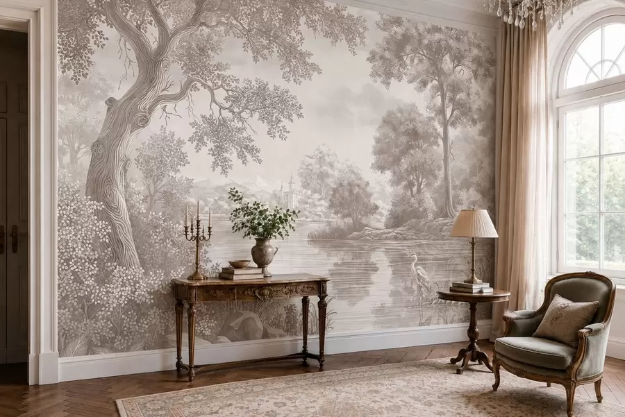 wall murals Монохромни шумски пејзаж са језером и чапљом w05805