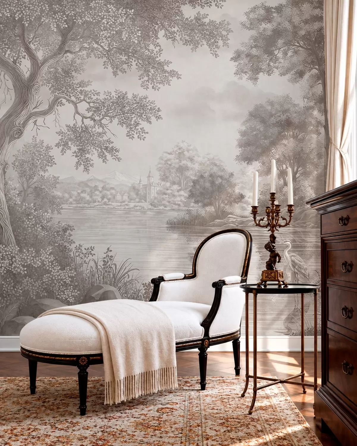 wall murals Монохромни шумски пејзаж са језером и чапљом w05805
