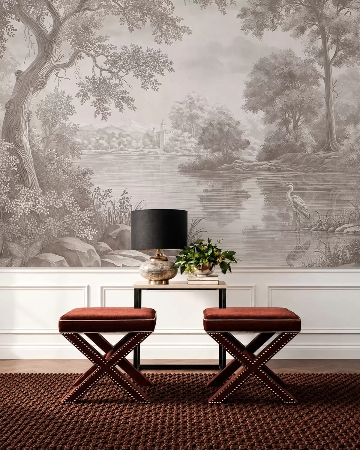 wall murals Монохромни шумски пејзаж са језером и чапљом w05805