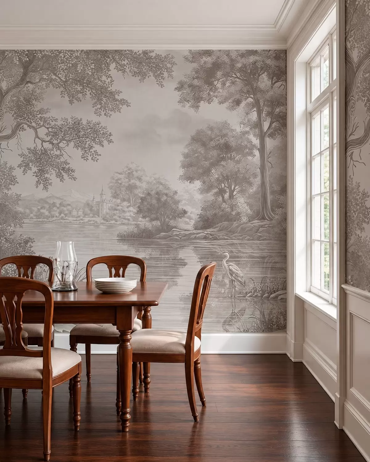 wall murals Монохромни шумски пејзаж са језером и чапљом w05805
