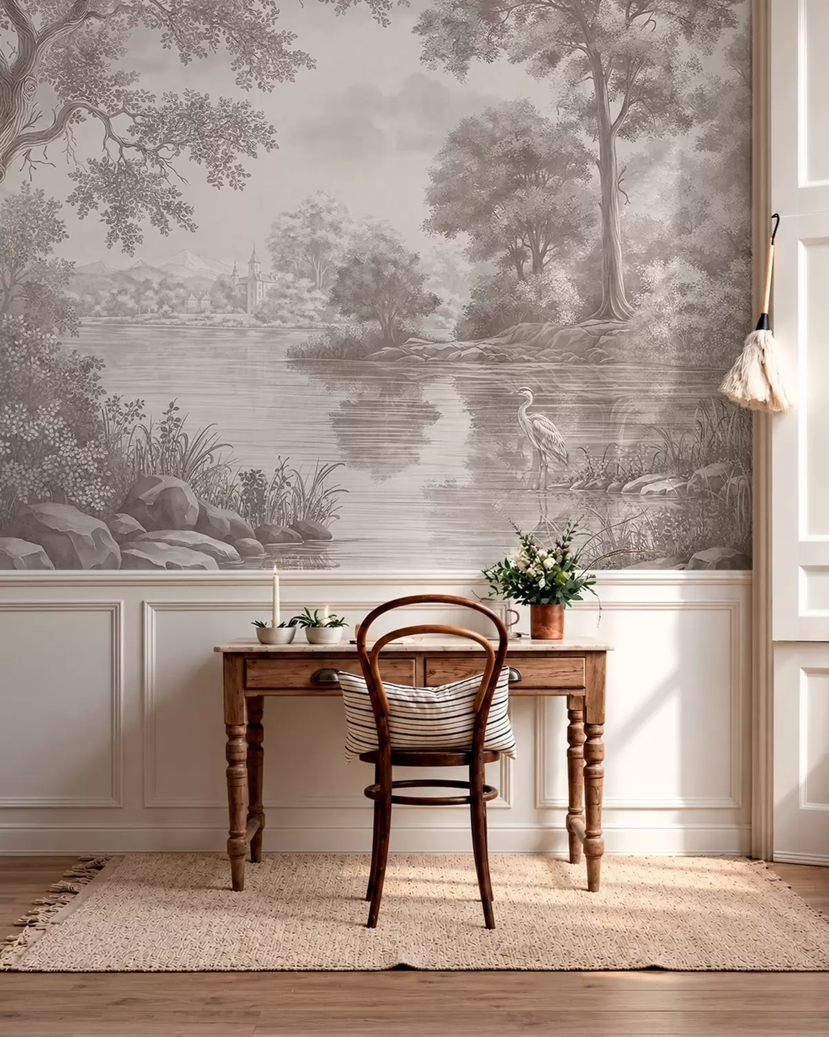wall murals Монохромни шумски пејзаж са језером и чапљом w05805