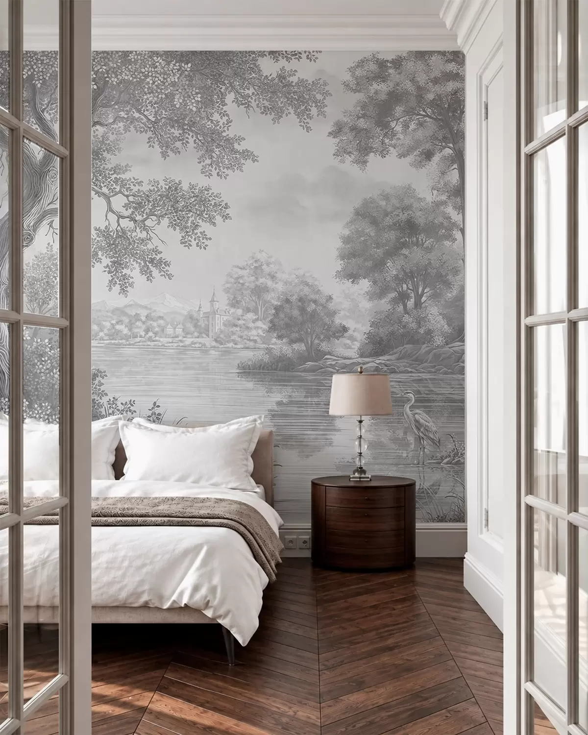 wall murals Сиви шумски пејзаж са чапљом поред језера w05805v1