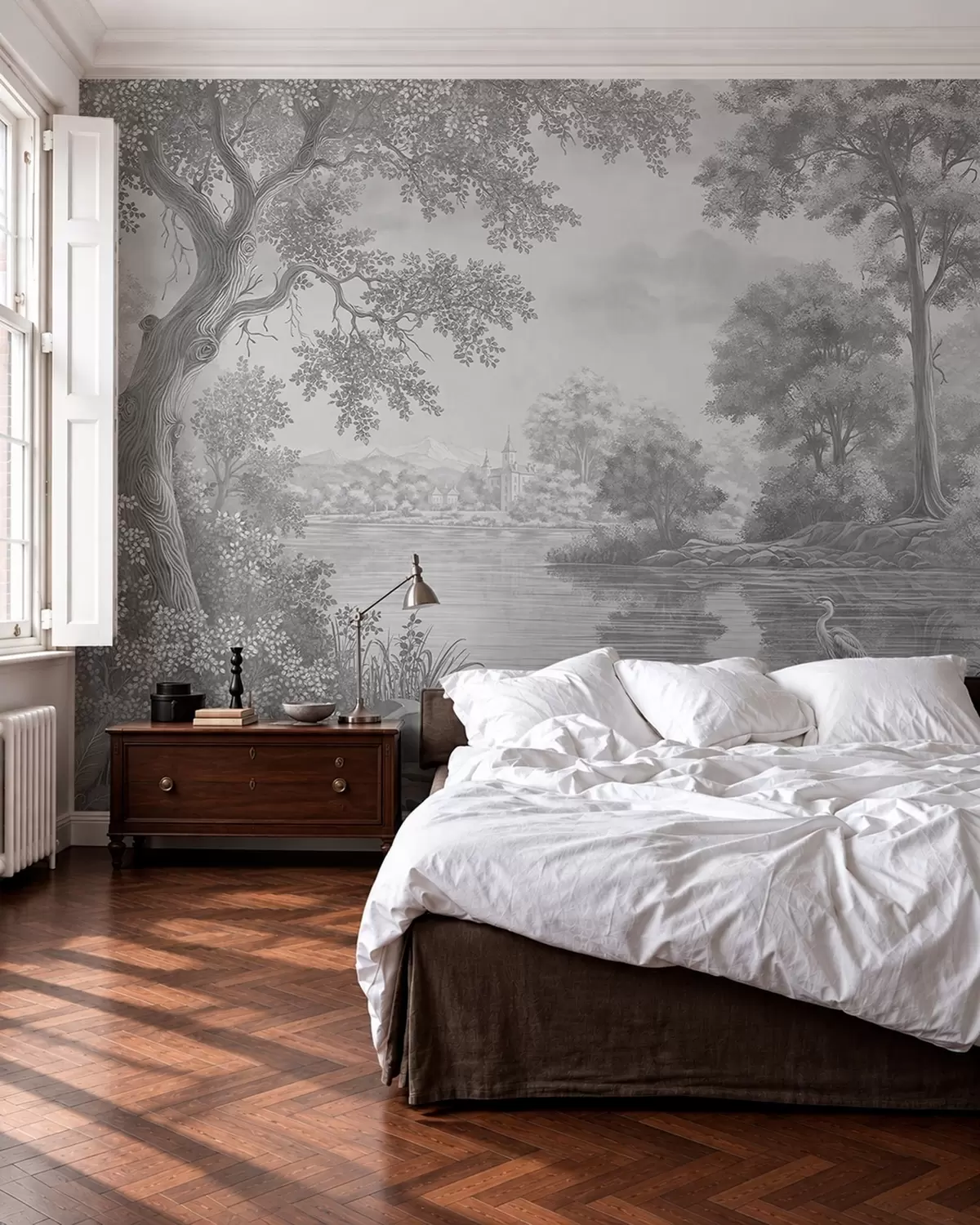 wall murals Сиви шумски пејзаж са чапљом поред језера w05805v1