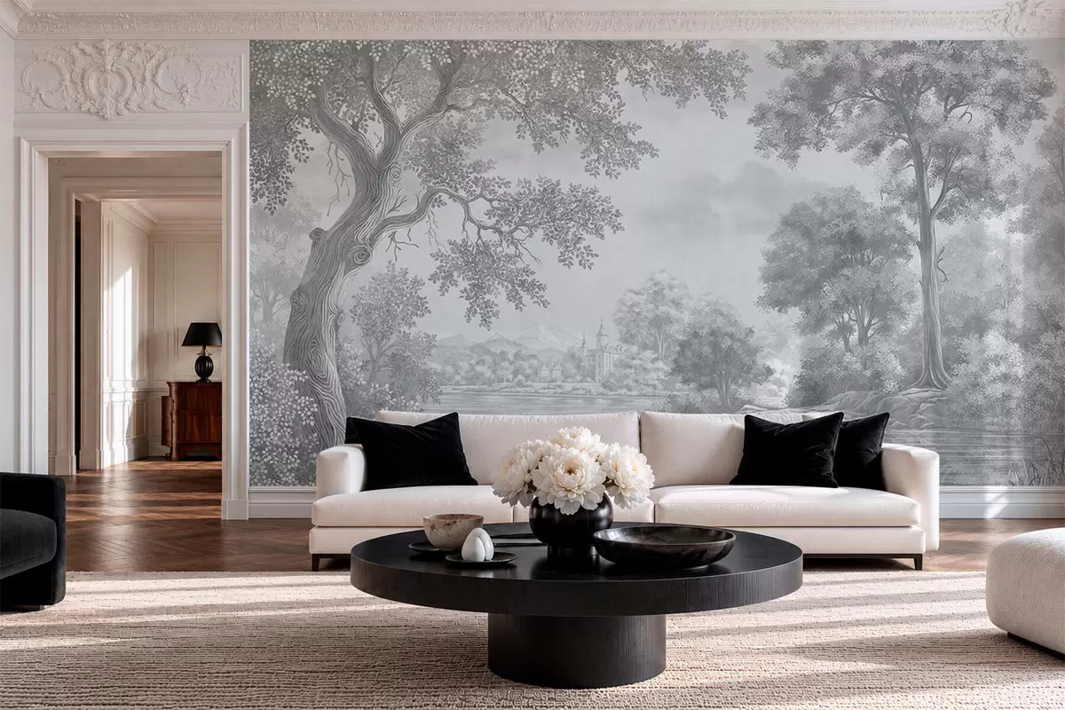 wall murals Сиви шумски пејзаж са чапљом поред језера w05805v1