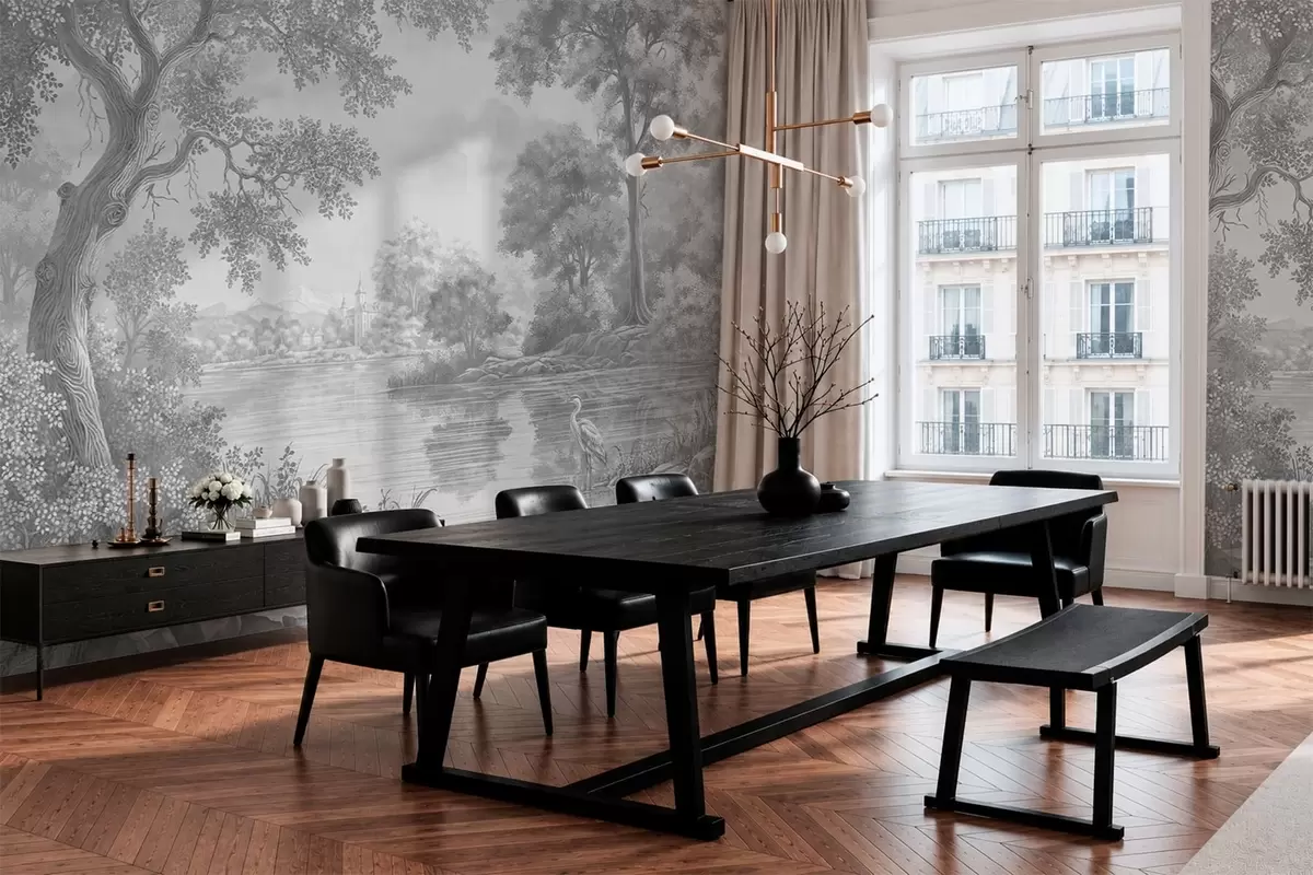 wall murals Сиви шумски пејзаж са чапљом поред језера w05805v1