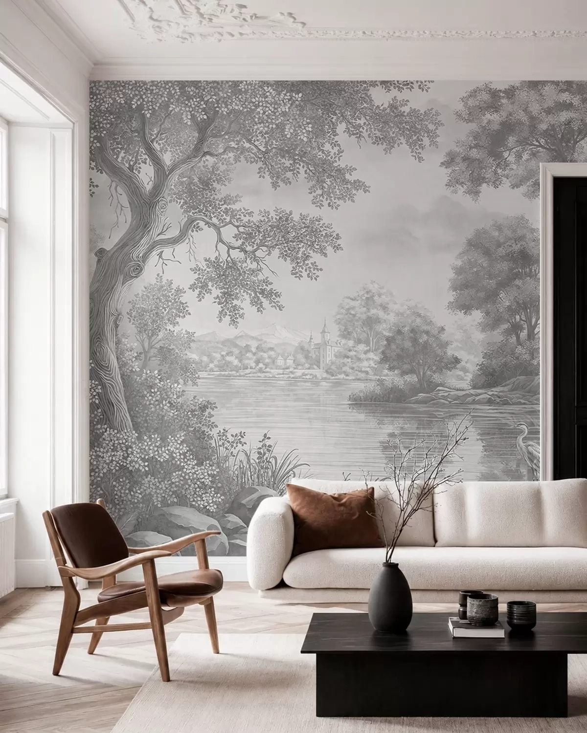 wall murals Сиви шумски пејзаж са чапљом поред језера w05805v1