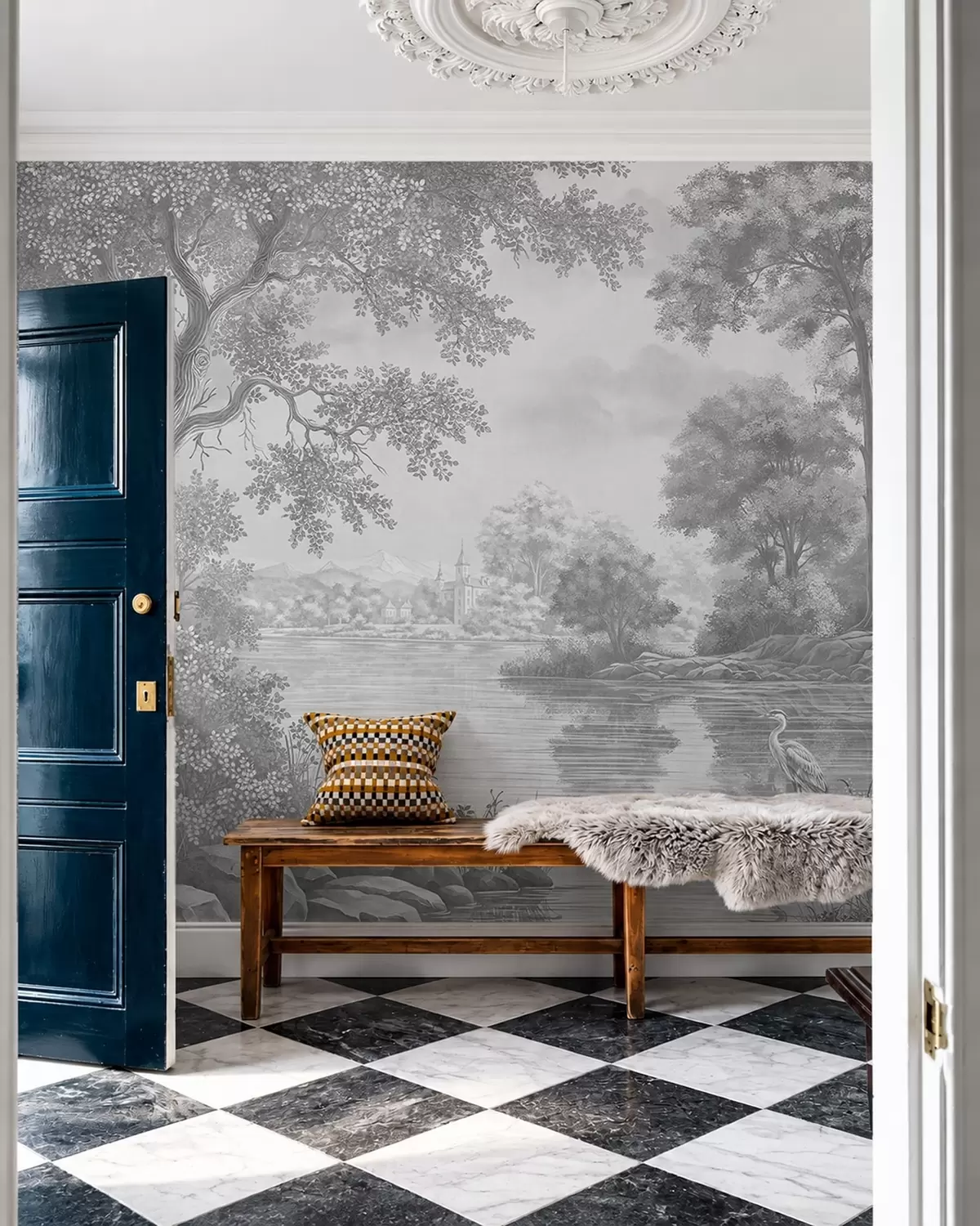 wall murals Сиви шумски пејзаж са чапљом поред језера w05805v1