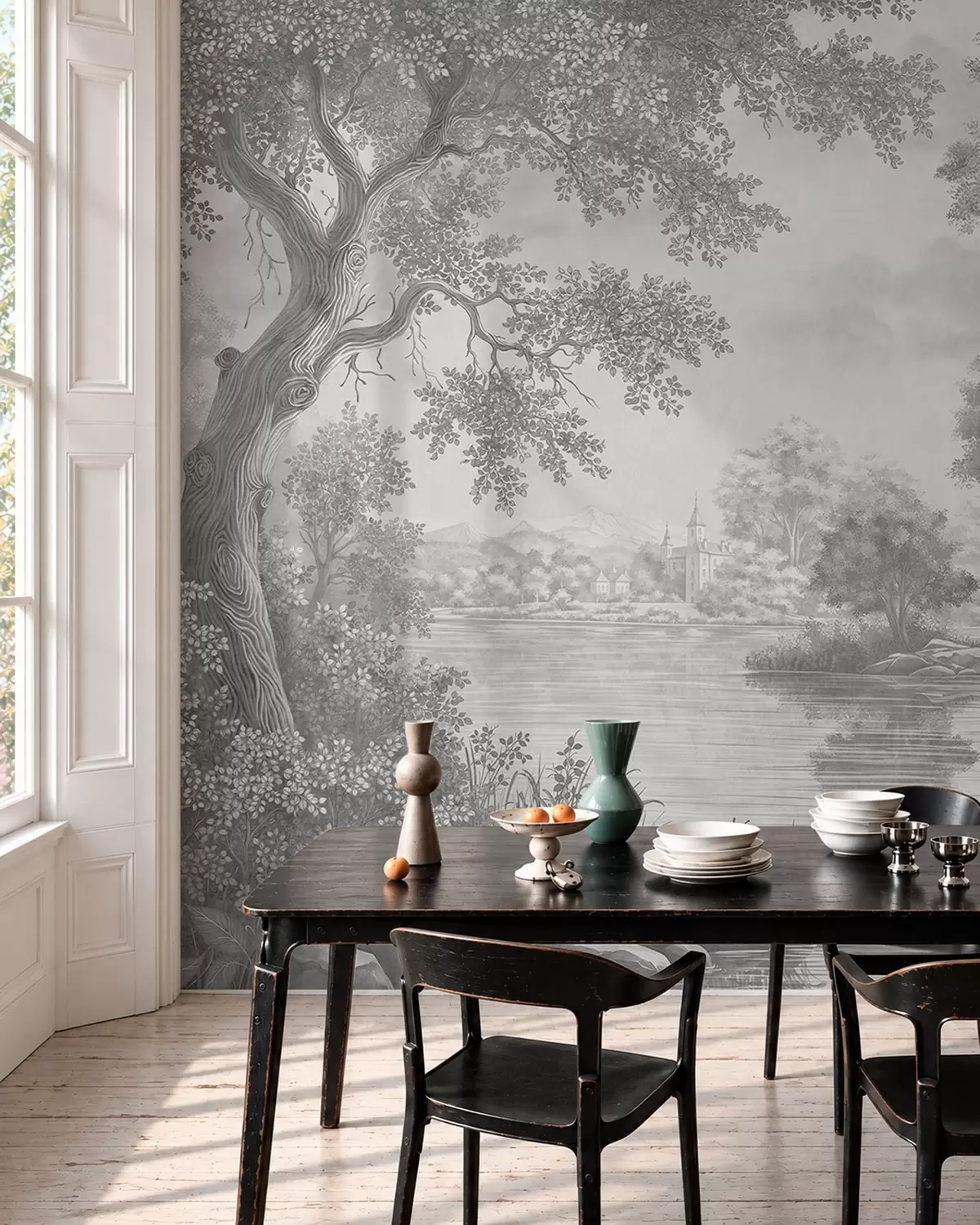wall murals Сиви шумски пејзаж са чапљом поред језера w05805v1