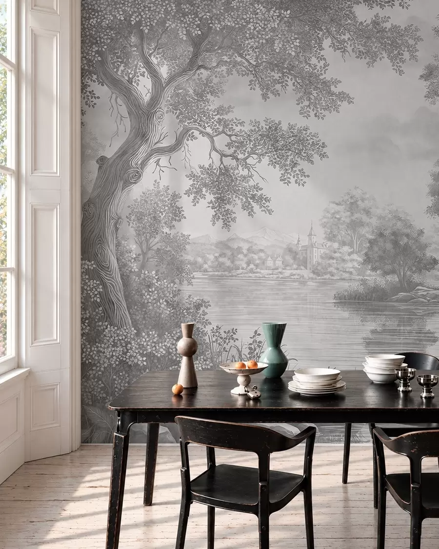 wall murals Сиви шумски пејзаж са чапљом поред језера w05805v1