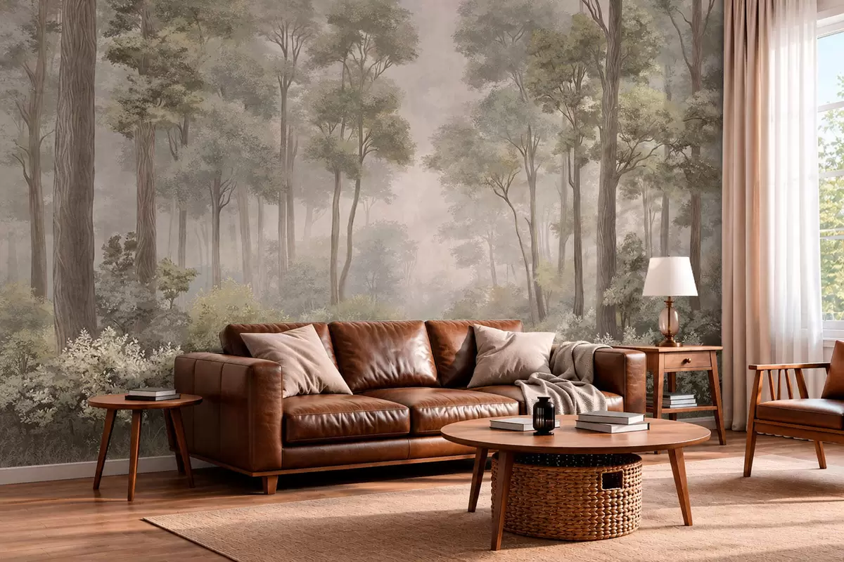 wall murals Магловита шума са стазом међу дрвећем и жбуњем w05889v2