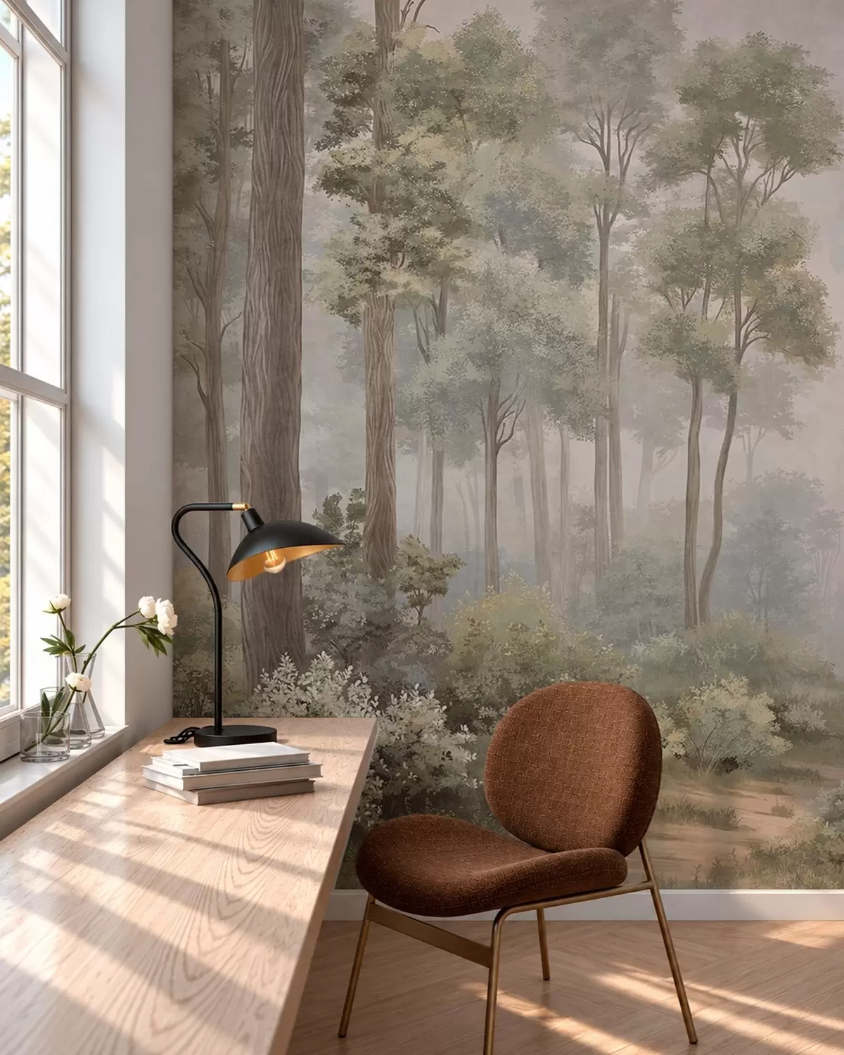 wall murals Магловита шума са стазом међу дрвећем и жбуњем w05889v2