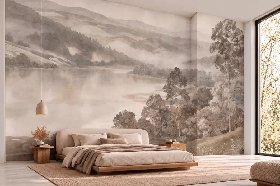 wall murals Мирно језеро међу магловитим брдима и шумама w05928