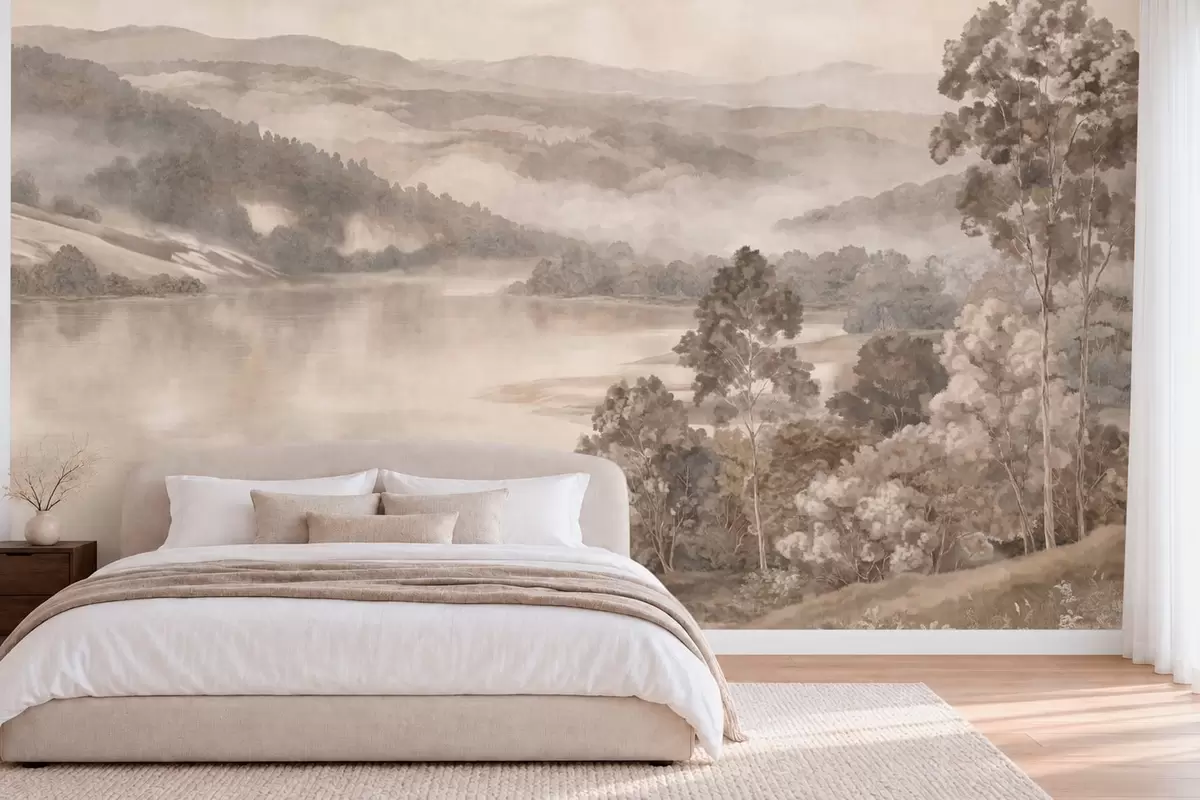 wall murals Мирно језеро међу магловитим брдима и шумама w05928