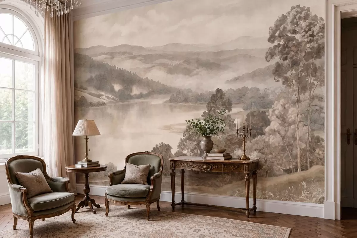 wall murals Мирно језеро међу магловитим брдима и шумама w05928