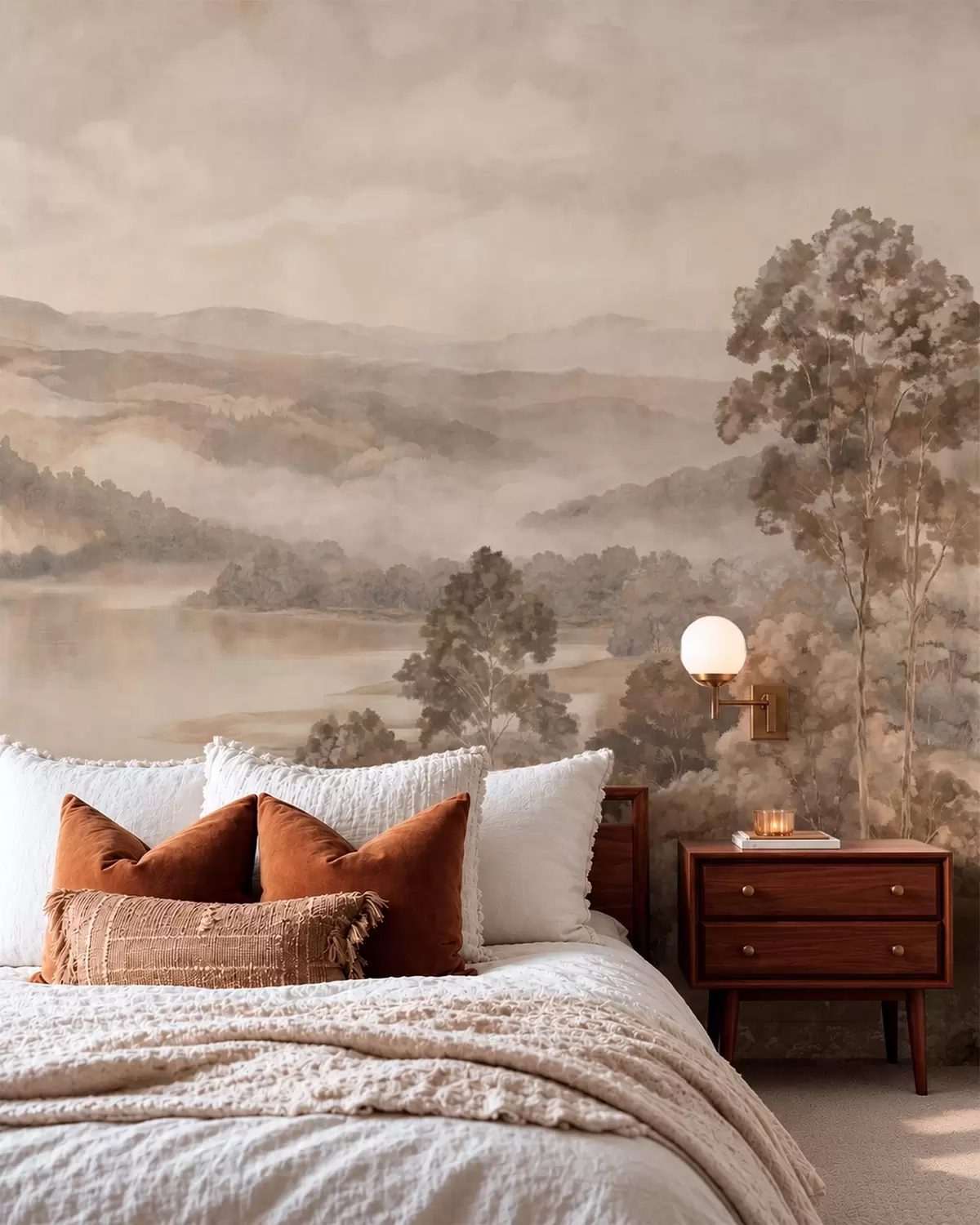 wall murals Језеро међу шумовитим планинама у топлим пастелним тоновима w05928v1