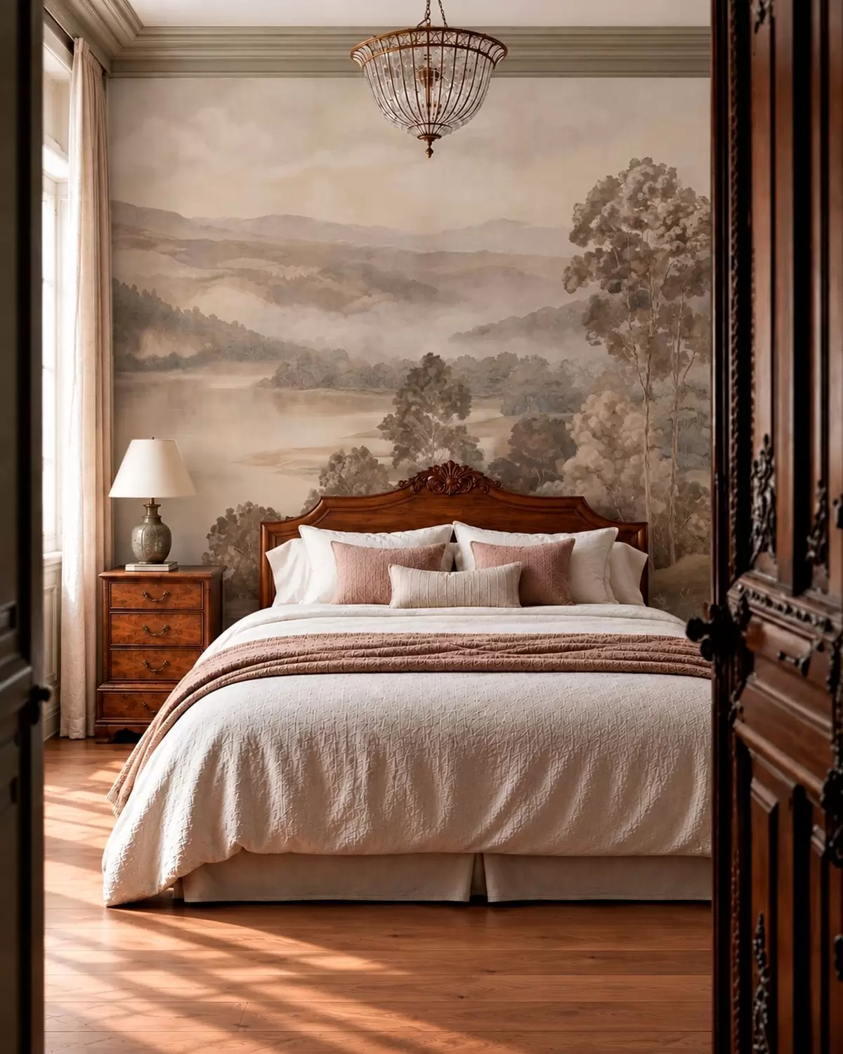 wall murals Језеро међу шумовитим планинама у топлим пастелним тоновима w05928v1