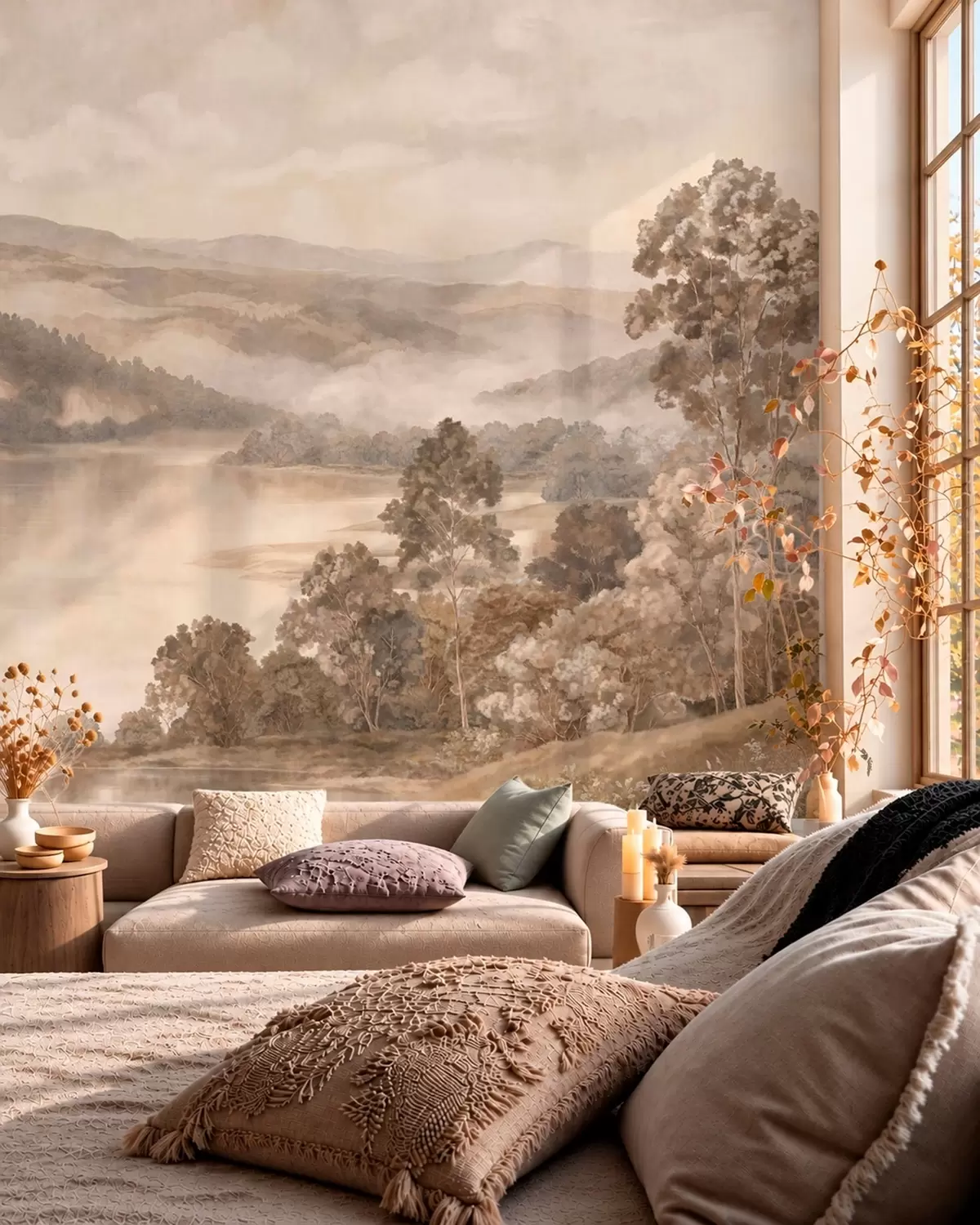 wall murals Језеро међу шумовитим планинама у топлим пастелним тоновима w05928v1
