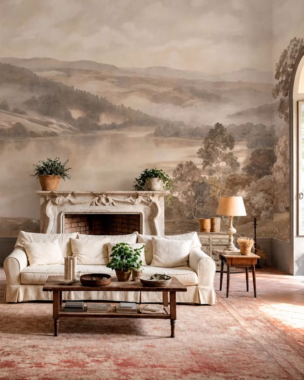 wall murals Језеро међу шумовитим планинама у топлим пастелним тоновима w05928v1