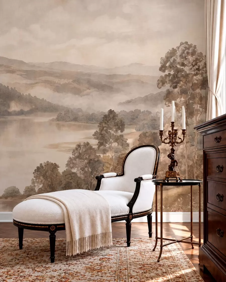 wall murals Језеро међу шумовитим планинама у топлим пастелним тоновима w05928v1