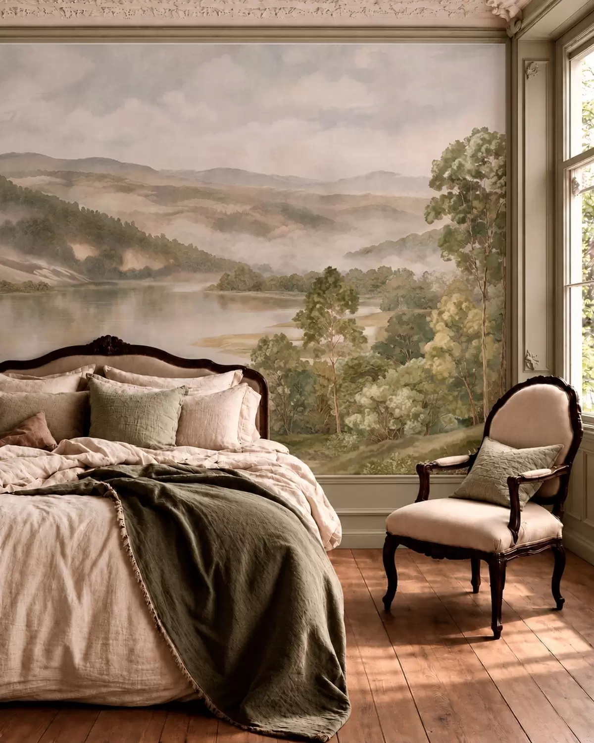 wall murals Магловити планински пејзаж са језером и дрвећем w05928v2