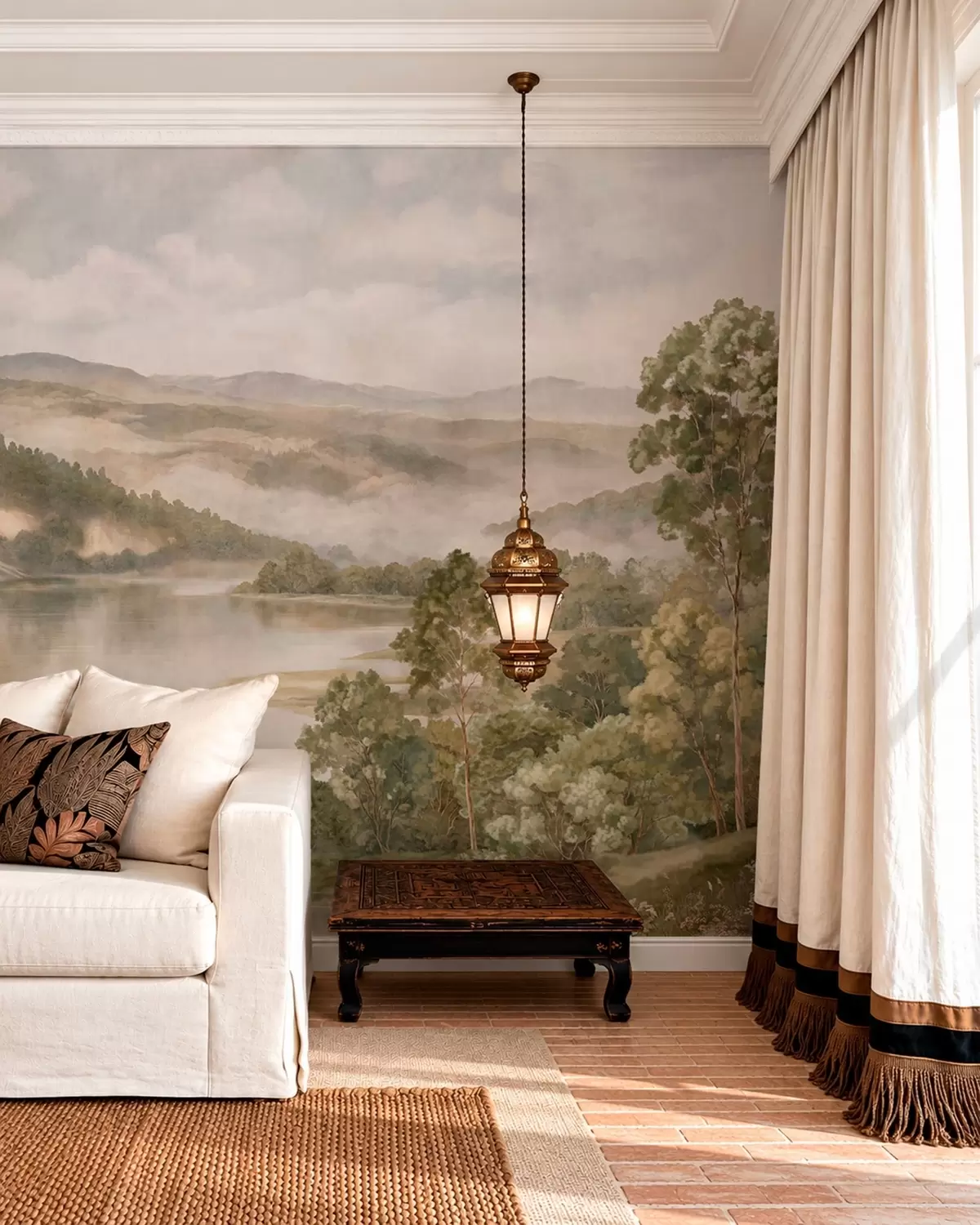 wall murals Магловити планински пејзаж са језером и дрвећем w05928v2