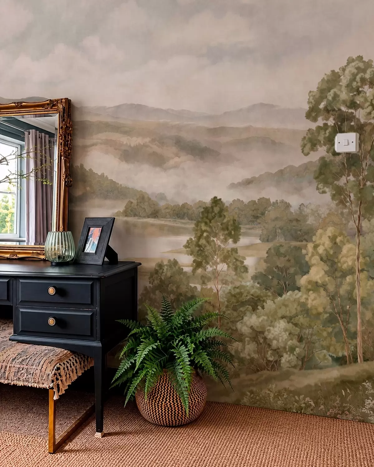 wall murals Магловити планински пејзаж са језером и дрвећем w05928v2