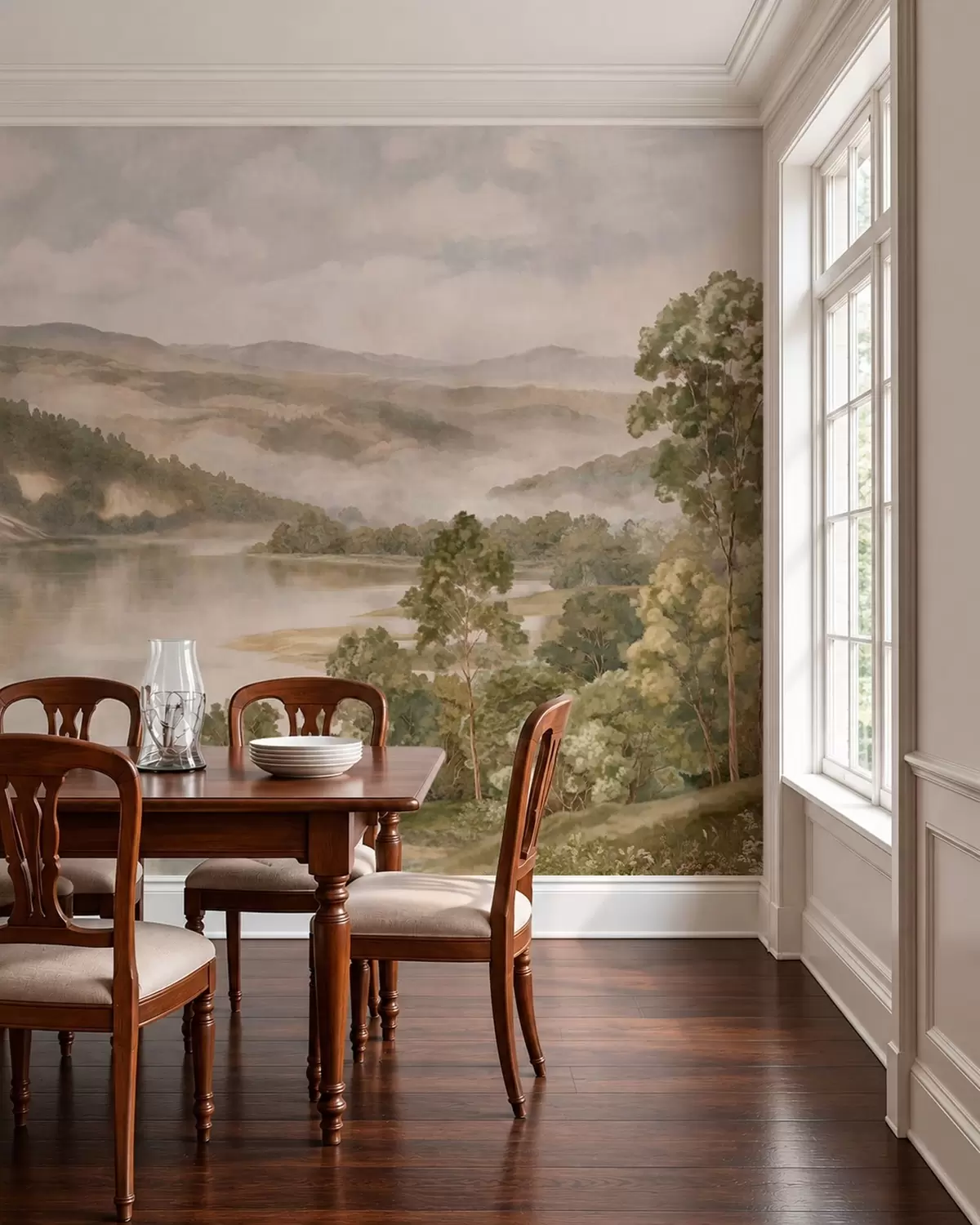wall murals Магловити планински пејзаж са језером и дрвећем w05928v2