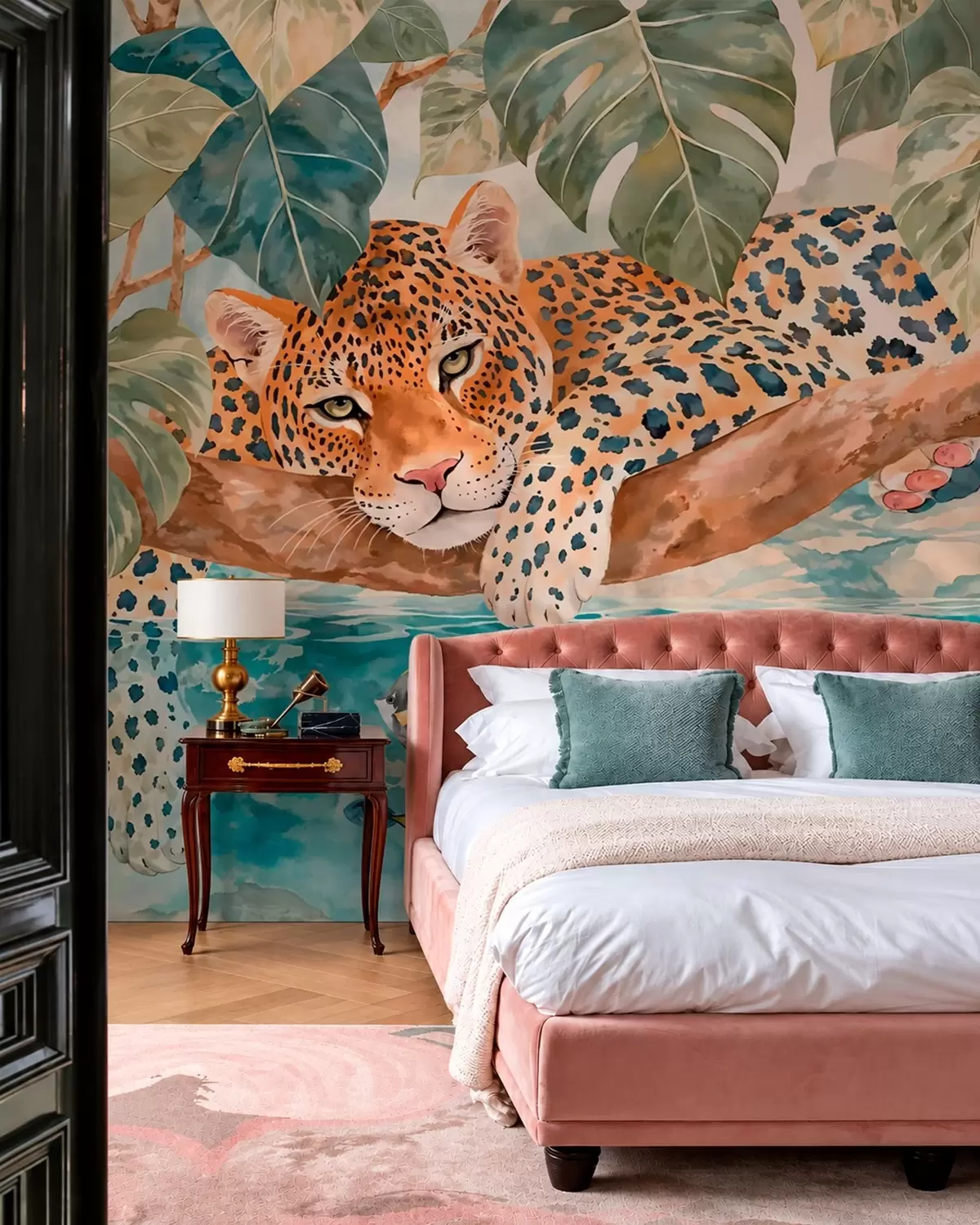 wall murals Leopard iznad plave vode w05954