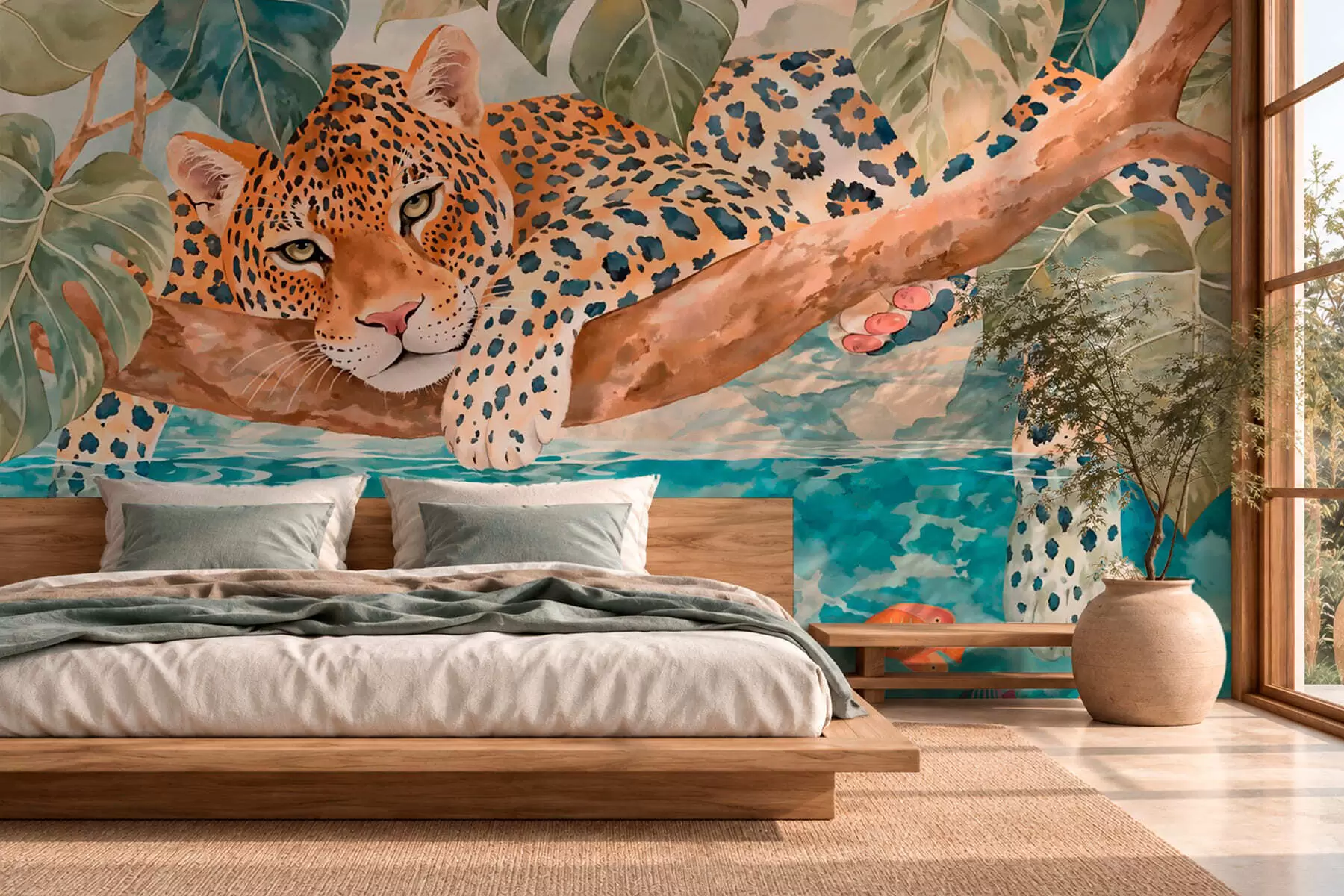 wall murals Леопард на грани изнад воде са шареним рибама w05954
