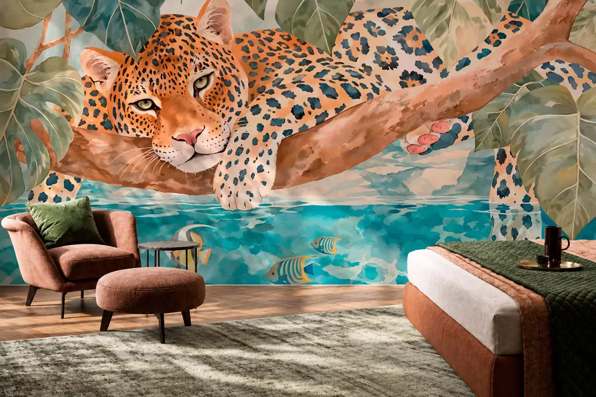 wall murals Леопард на грани изнад воде са шареним рибама w05954