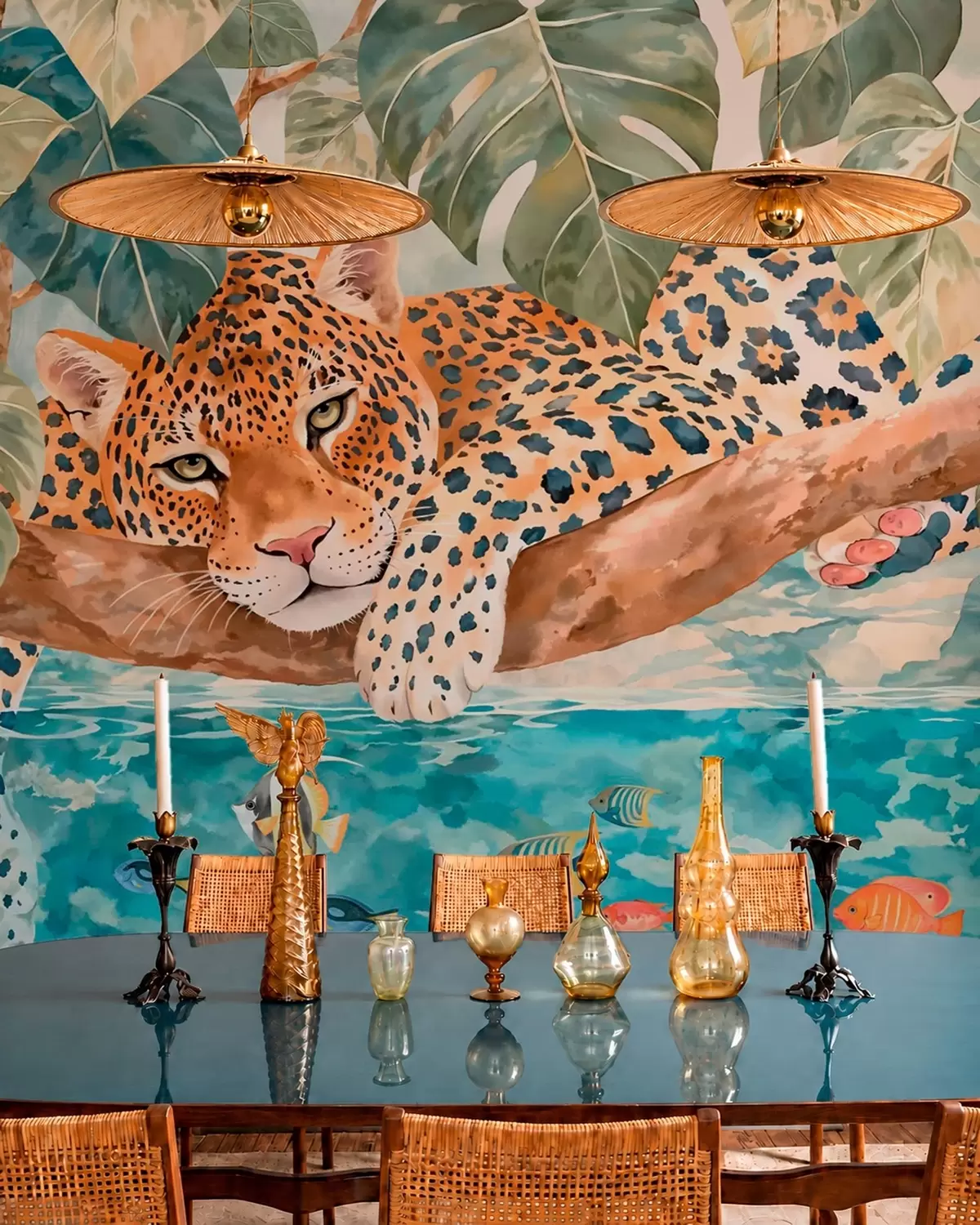 wall murals Leopard iznad plave vode w05954