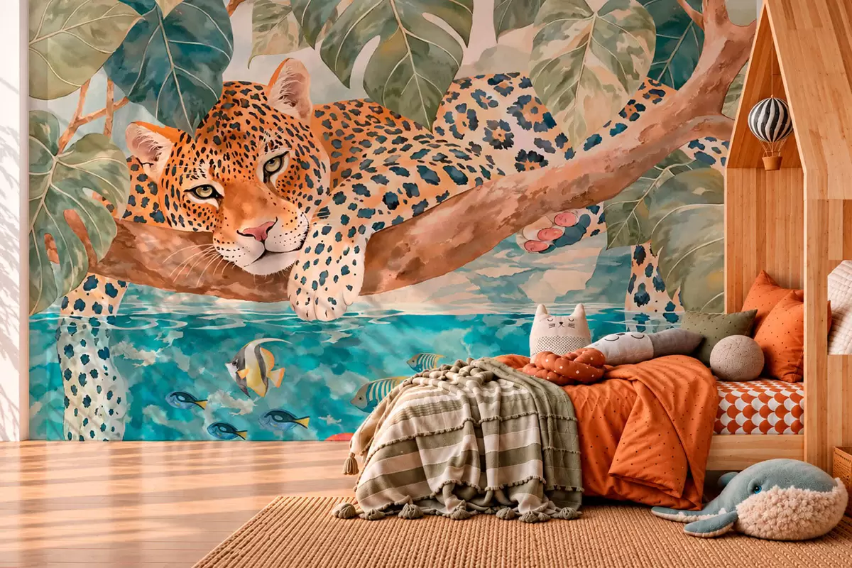 wall murals Леопард на грани изнад воде са шареним рибама w05954