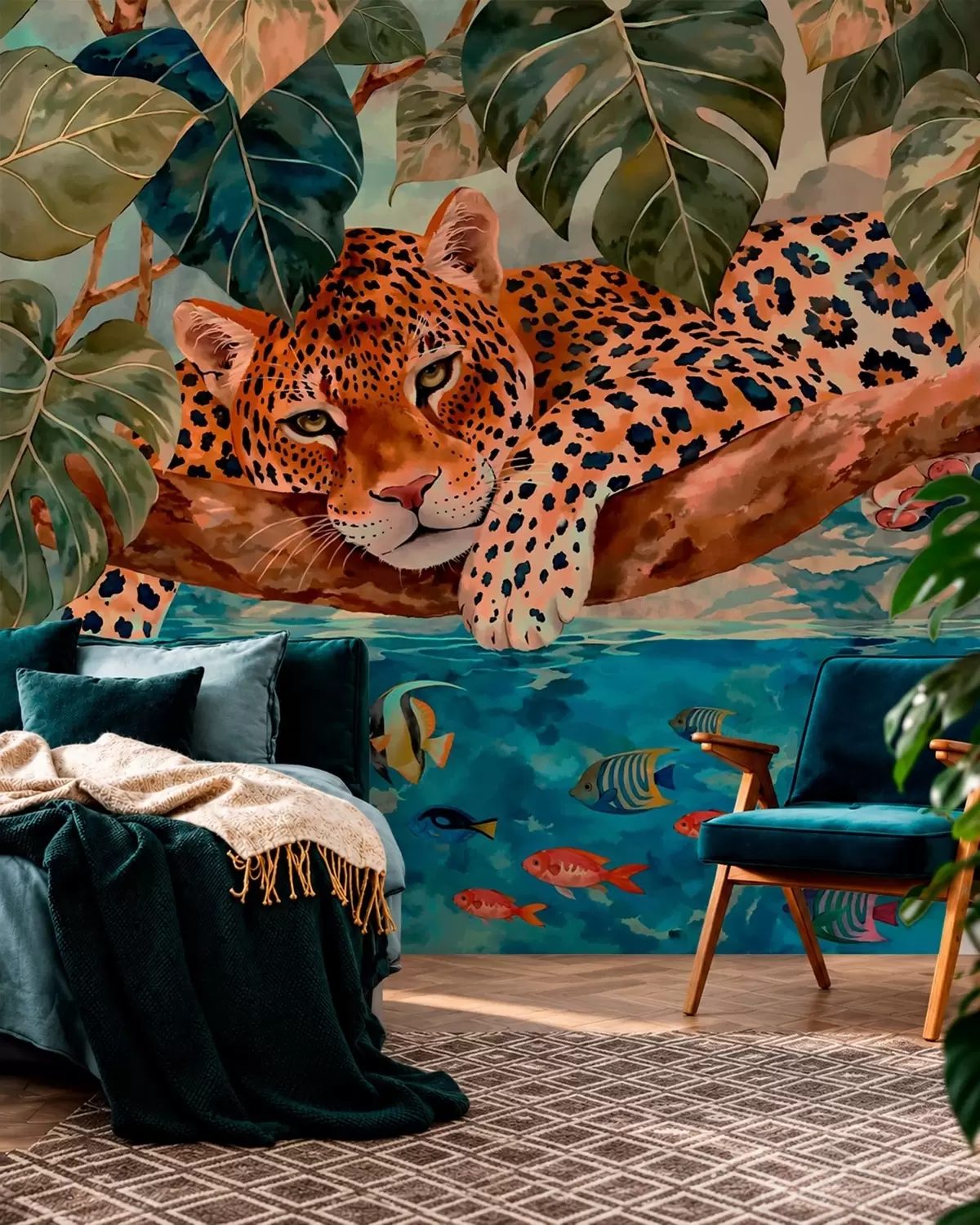 wall murals Леопард међу тропским лишћем изнад воде са рибом w05954v1