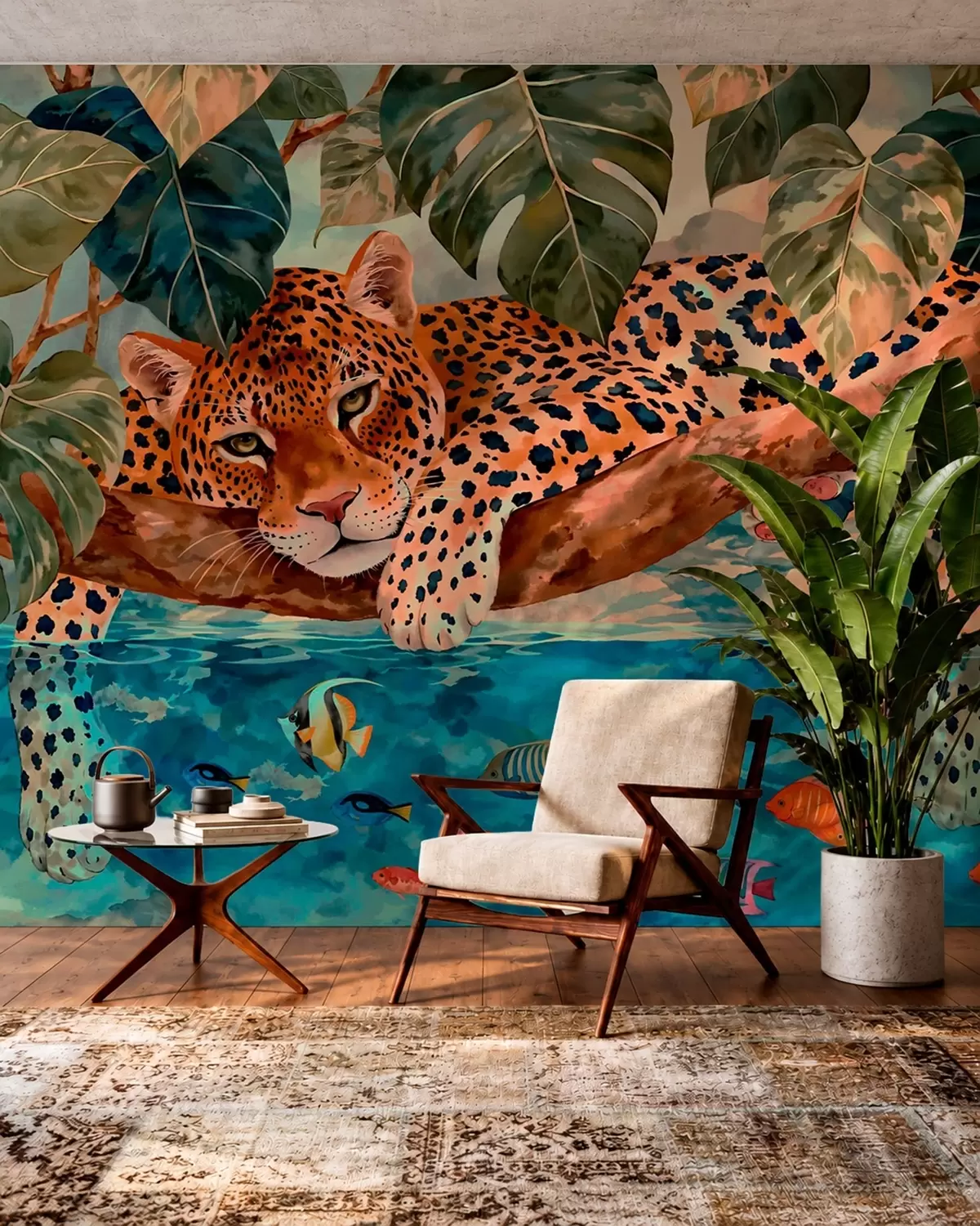 wall murals Леопард међу тропским лишћем изнад воде са рибом w05954v1