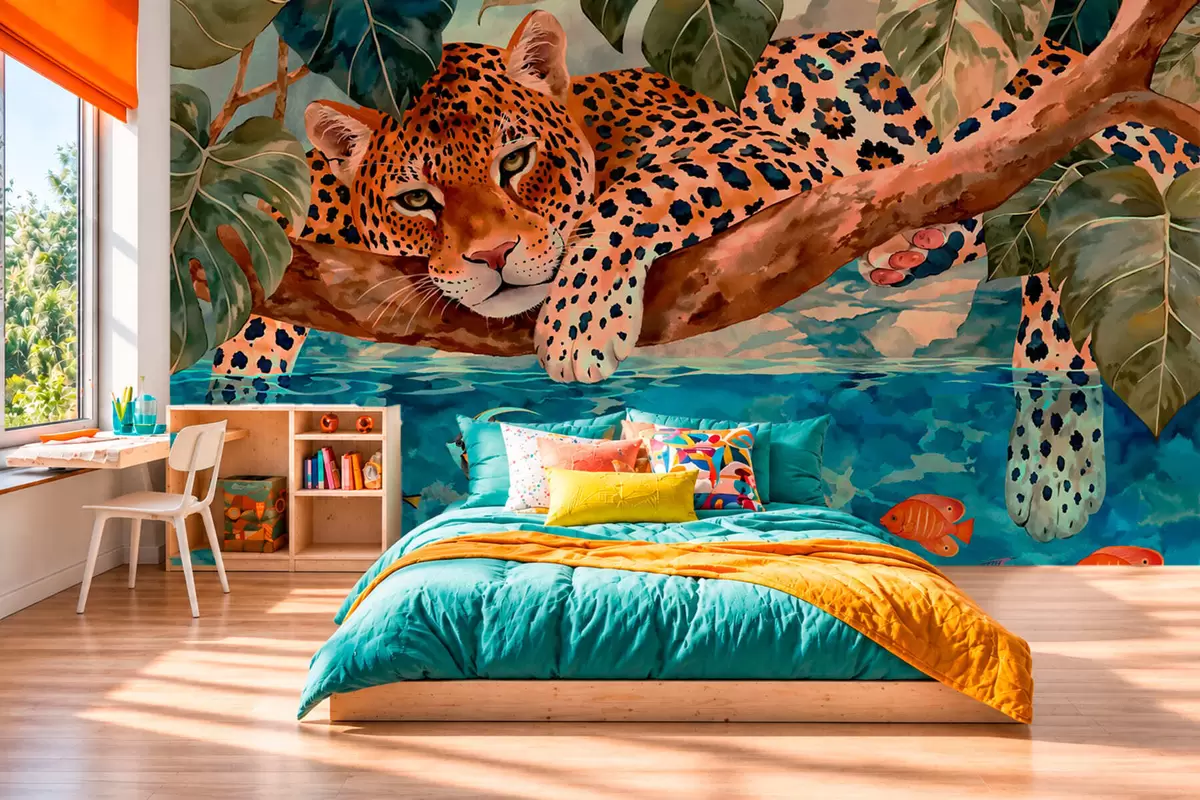 wall murals Леопард међу тропским лишћем изнад воде са рибом w05954v1