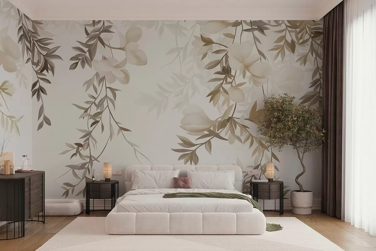 wall murals Висеће гране врбе и нежно цветајуће цвеће у пригушеним беж тоновима w10081