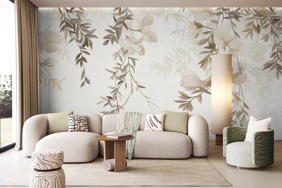wall murals Висеће гране врбе и нежно цветајуће цвеће у пригушеним беж тоновима w10081