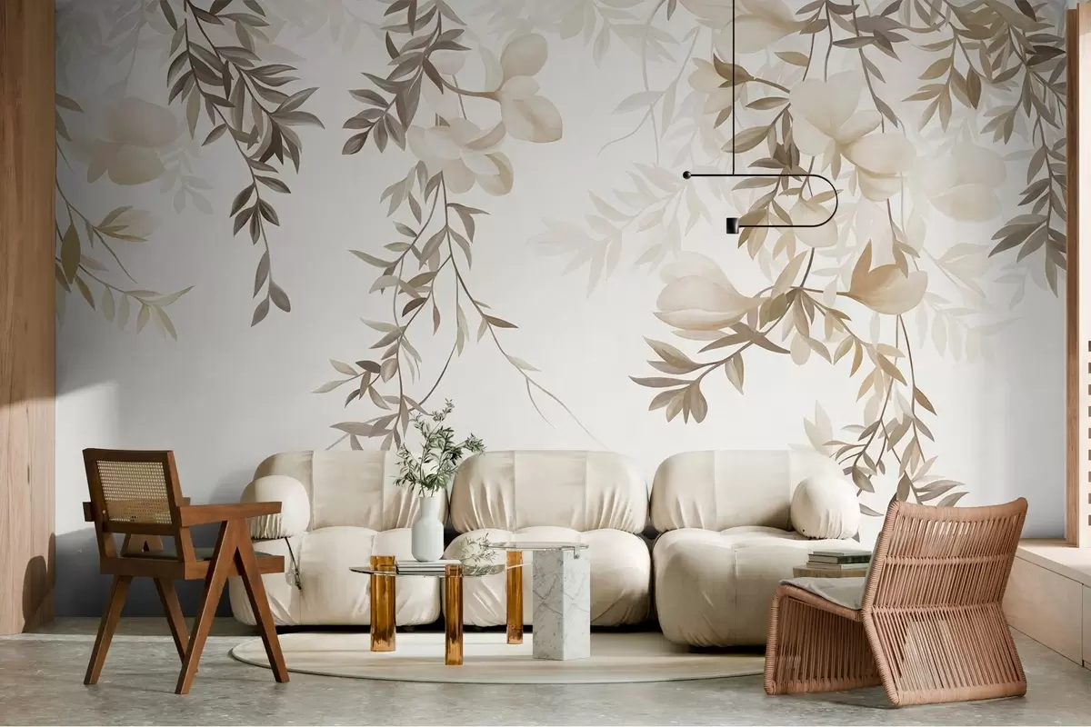 wall murals Висеће гране врбе и нежно цветајуће цвеће у пригушеним беж тоновима w10081