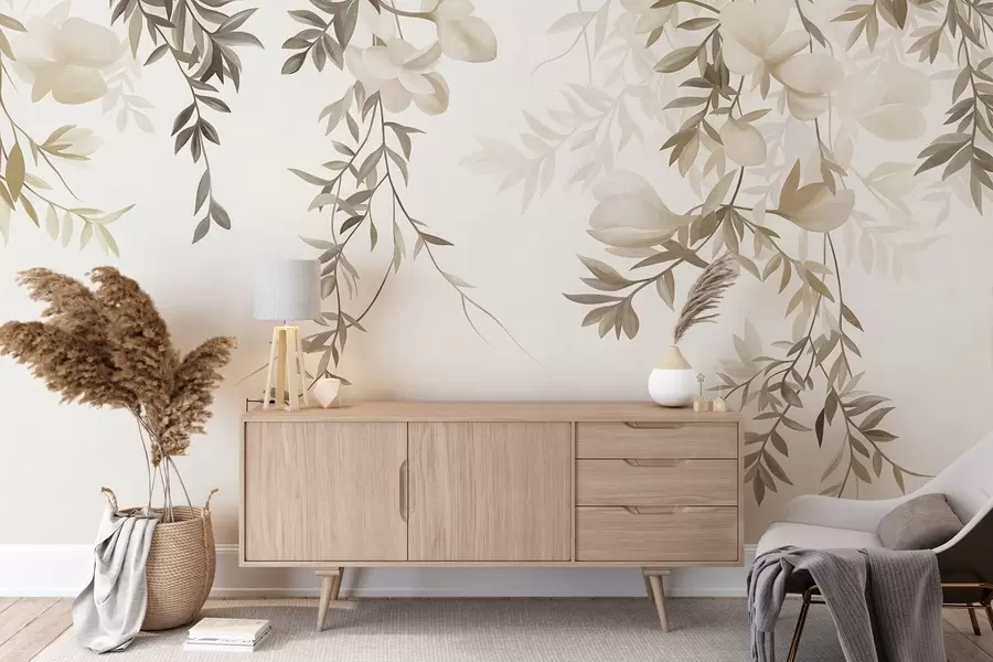 wall murals Висеће гране врбе и нежно цветајуће цвеће у пригушеним беж тоновима w10081