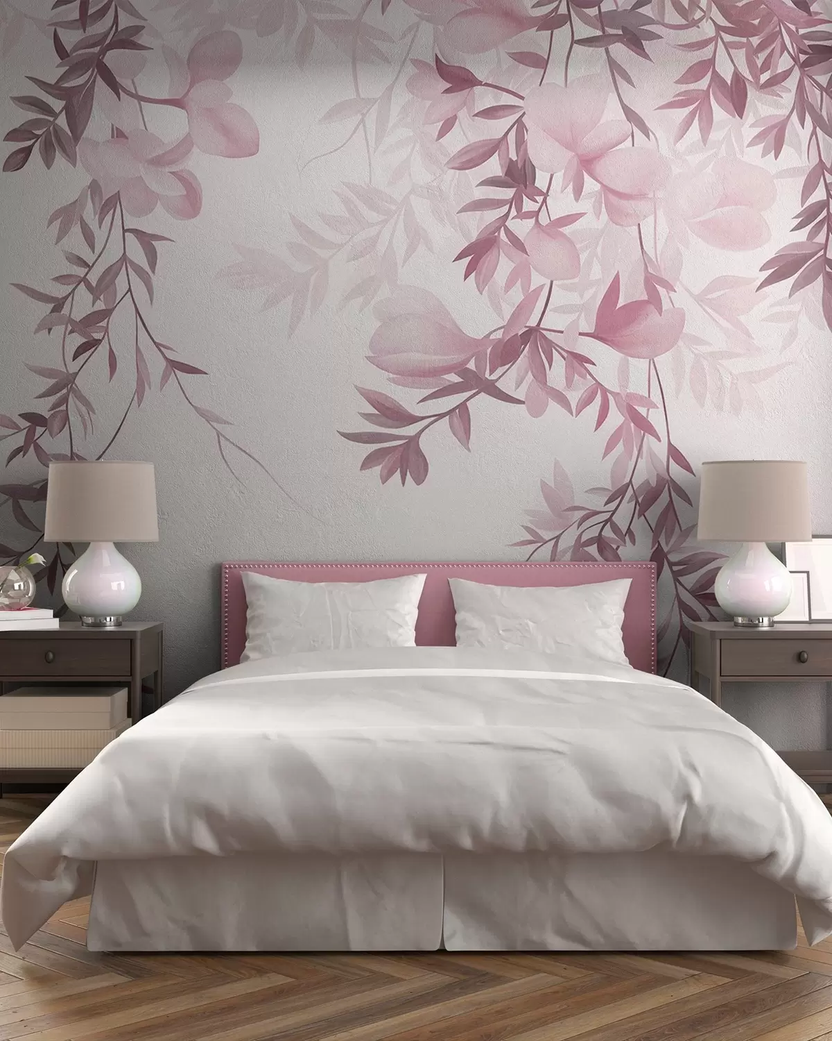 wall murals Висеће гране врбе и нежно цветајуће цвеће у пригушеним ружичастим тоновима w10081v1