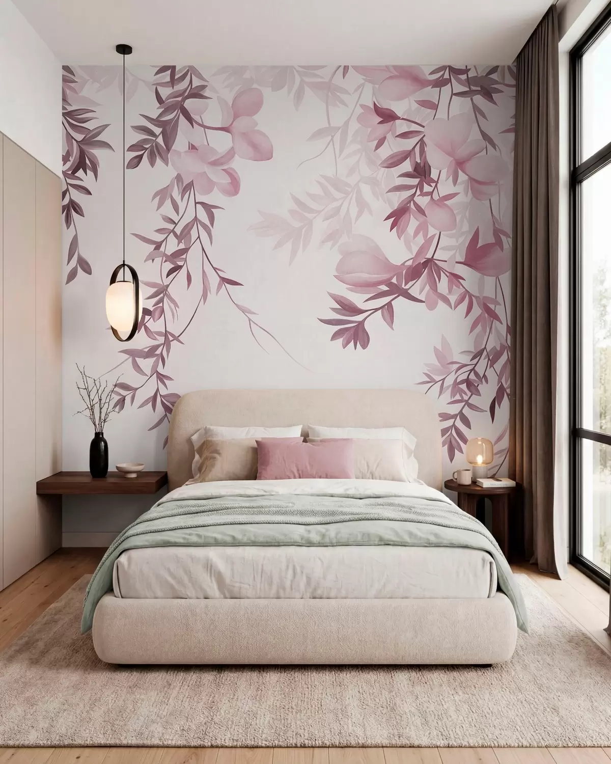 wall murals Висеће гране врбе и нежно цветајуће цвеће у пригушеним ружичастим тоновима w10081v1