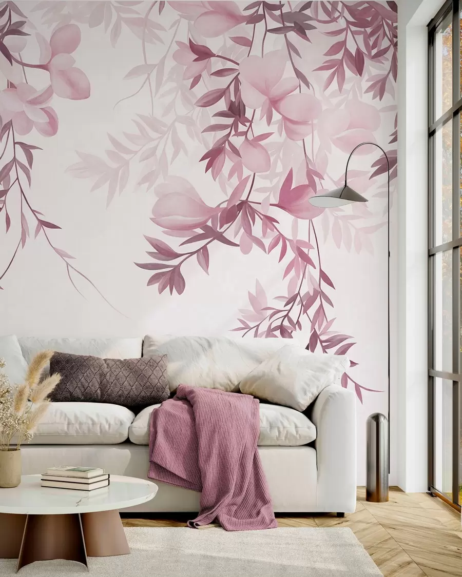 wall murals Висеће гране врбе и нежно цветајуће цвеће у пригушеним ружичастим тоновима w10081v1